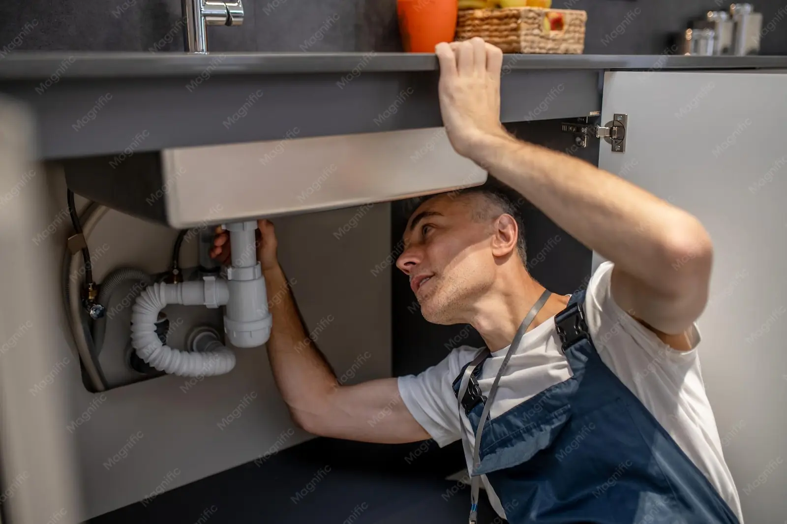 אינסטלטור בודק צנרת מתחת לארון כיור במטבח
